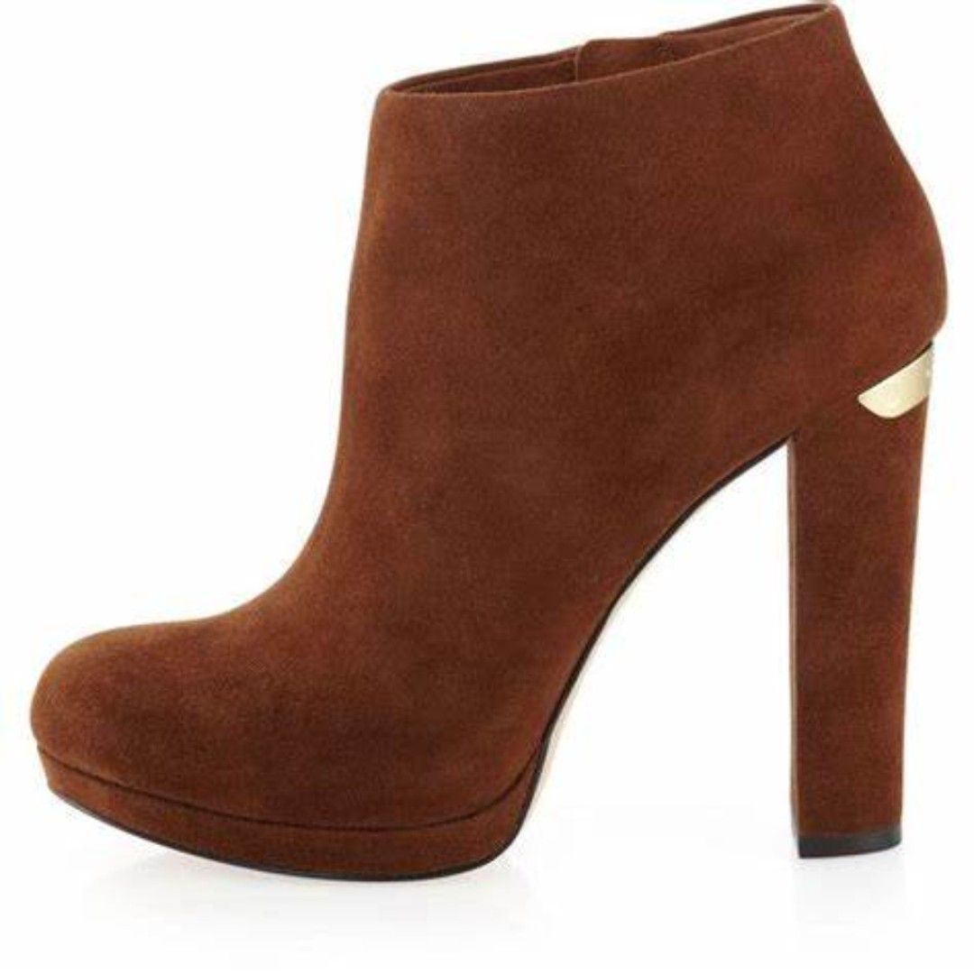 Michael Kors Haven Suede Ankle Booties Brown Size 9 Gold Zip Heel Detail